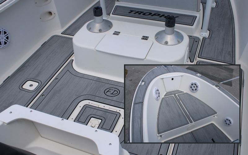 Clean cloud gray over black FlexDek boat flooring with routed panels