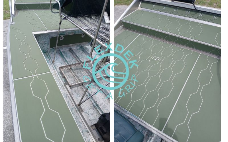 Green and gray custom FlexDek boat flooring for rugged outdoor boat use