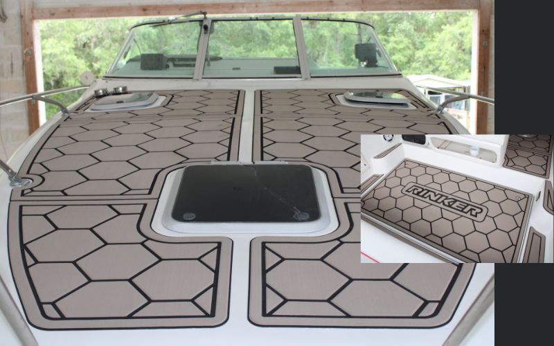 Recreational boat with custom geometric FlexDek marine mat flooring