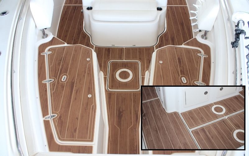 Teak brown over camel FlexDek boat flooring with laser-etched wood-grain texture